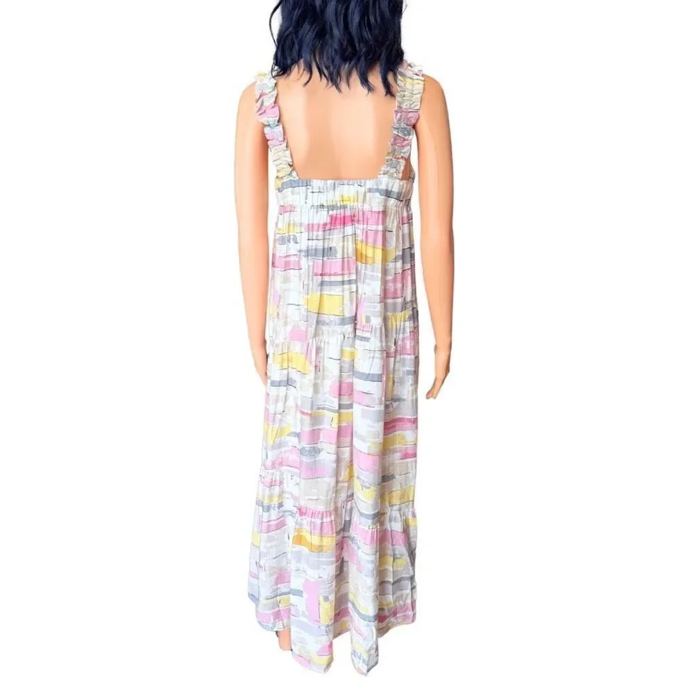 Moon River Abstract Tiered Maxi Dress Medium NWT Pink Yellow Boho Garden Party